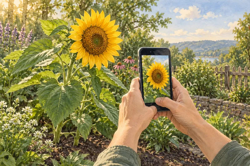 Illustration einer Person, die eine Sonnenblume in einem sonnigen Garten fotografiert, mit dem Fotograf und dem Blumen in der gleichen lebenden Szene.