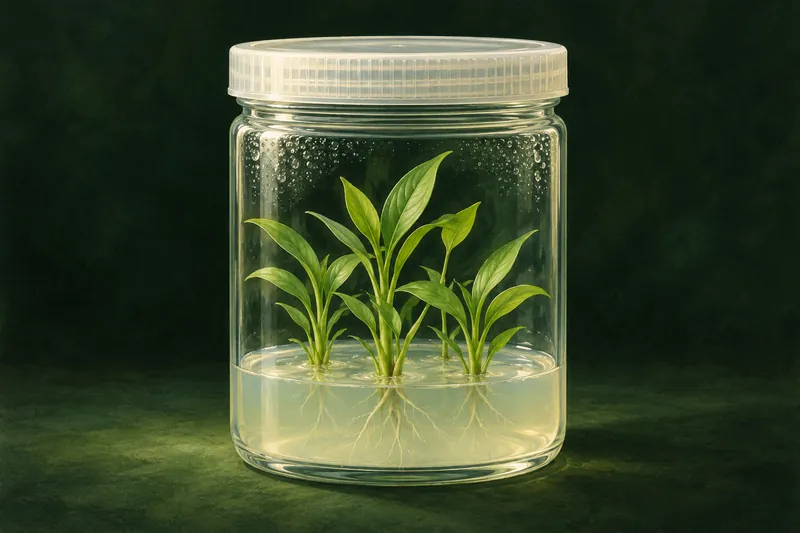 Konzeptuelle botanische Illustration von grünen Pflanzen und Wurzeln, die in Nährstoffgel innerhalb eines geschlossenen Kulturgefäße wachsen.