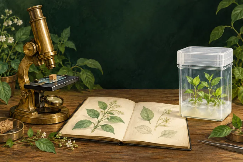 Konzeptuelle Illustration, die ein früheres Brassmikroskop und ein botanisches Notebook mit einem modernen Pflanzkulturenboot kombiniert; nicht eine Rekonstruktion eines historischen Experiments.